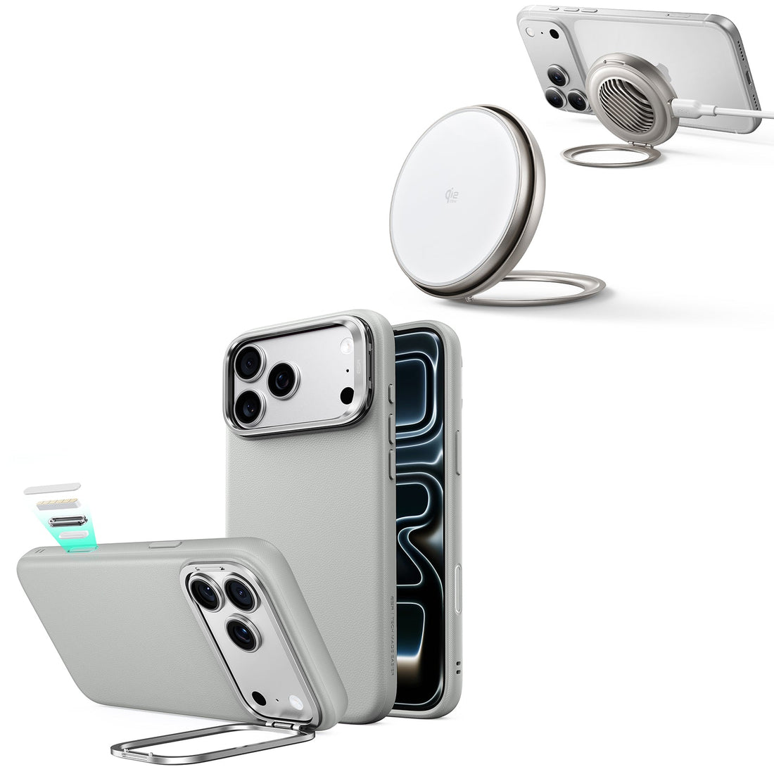 iPhone 18 Pro Max Atelier Silicone Leather Magnetic Case with Camera Control and Flex Stand, Plus Cyclone 25W Magnetic Charging Pad Bundle - Gray ESR ESR