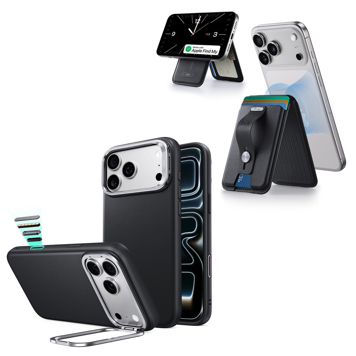 iPhone 18 Pro Max Atelier Vegan Leather Magnetic Case with Camera Control and Flex Stand, Plus Geo Wallet Stand Bundle - Black