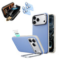 Misty Blue Vegan Leather iPhone 18 Pro Max Magsafe Phone Case with Stand pair corning glass privacy screen protector and camera lens protector