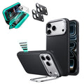 Black Vegan Leather iPhone 18 Pro Max Magsafe Phone Case with Stand pair tempered glass screen protector and camera lens protector