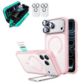 Frosted Pink iPhone 18 Pro Max Magsafe Slim Phone Case with Stand pair tempered glass privacy screen protector and camera lens protector
