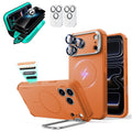 Orange iPhone 18 Pro Max Cyebr Tough Magsafe Phone Case with Stand pair tempered glass privacy screen protector and camera lens protector