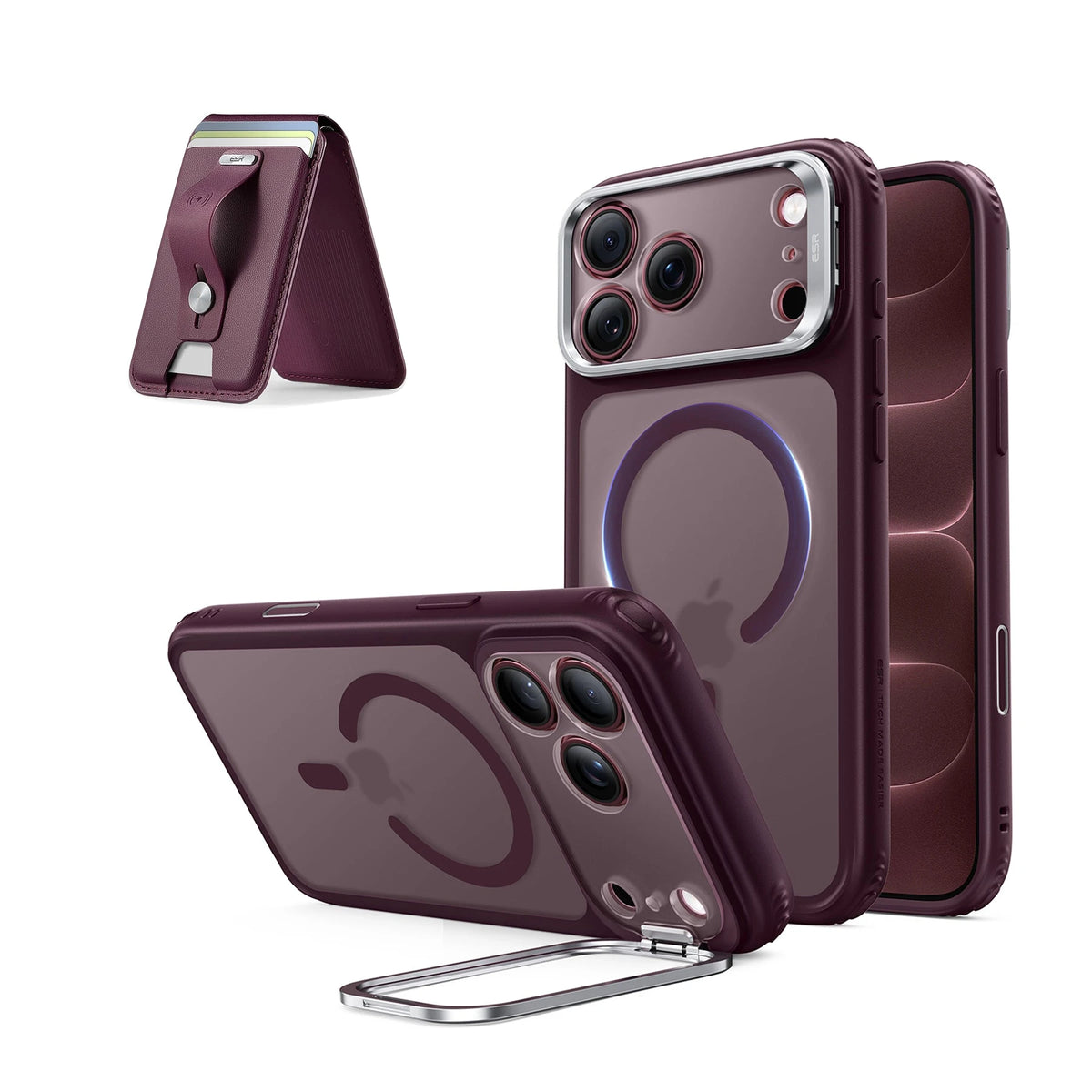 iPhone 18 Pro Max Classic Hybrid Magnetic Case with Camera Control and Flex Stand, Plus Geo Wallet Stand Bundle - Frosted Deep Burgundy