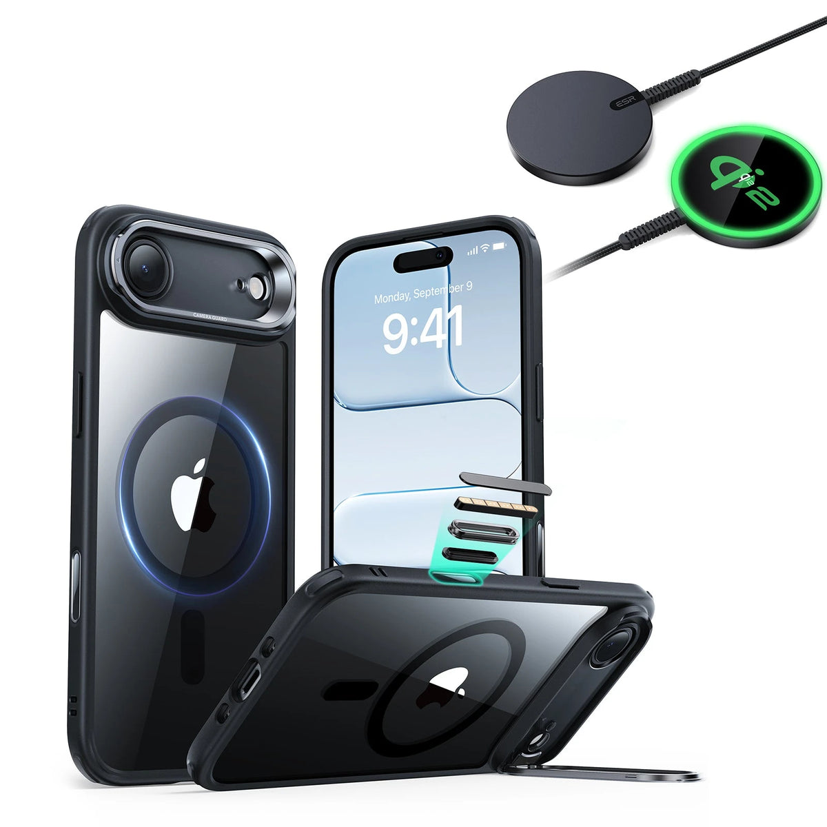 iPhone Air Classic Hybrid Magsafe Case With Stand  and Qi2 Wireless Charger Clear Black