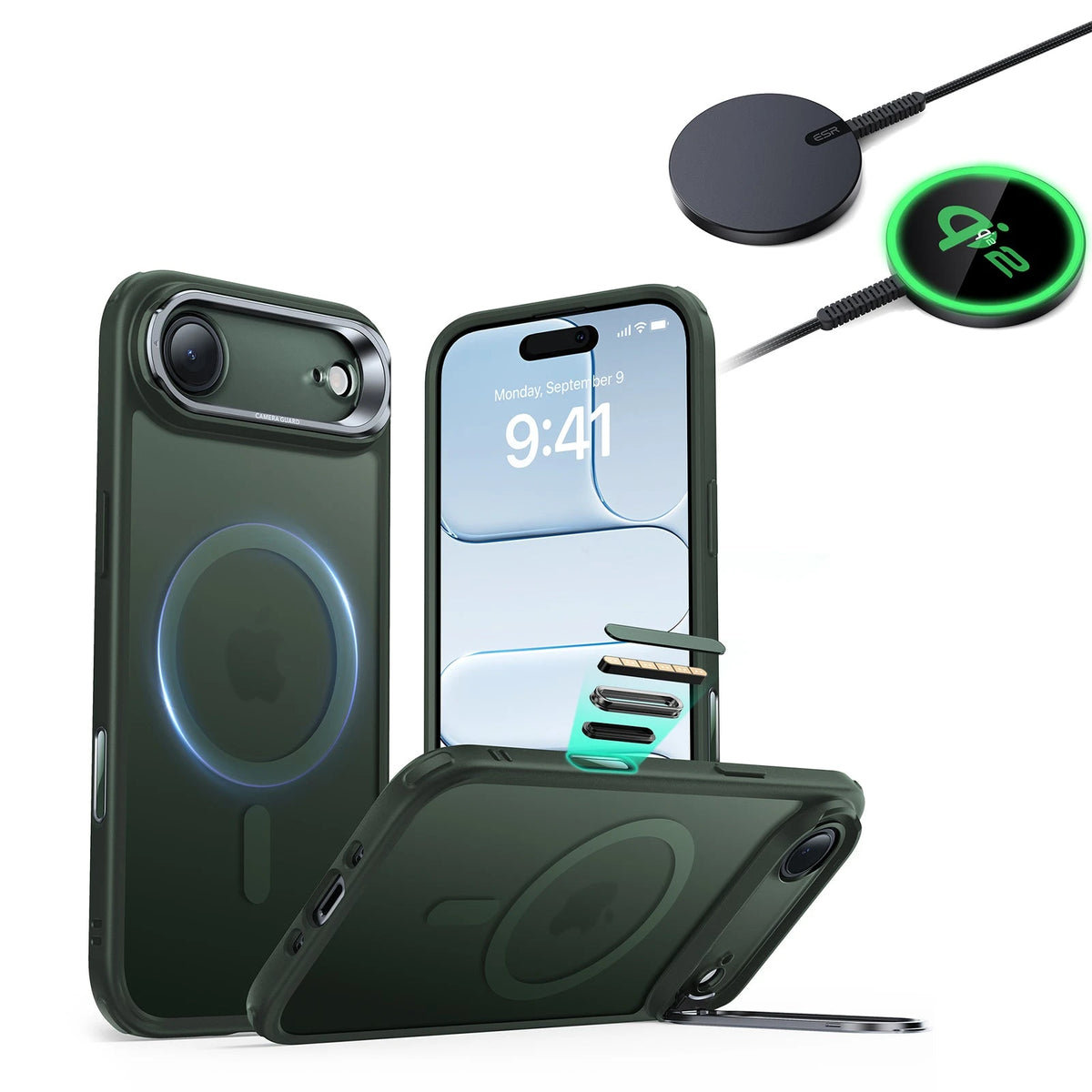 iPhone Air Classic Hybrid Magsafe Case With Stand  and Qi2 Wireless Charger Frosted Green