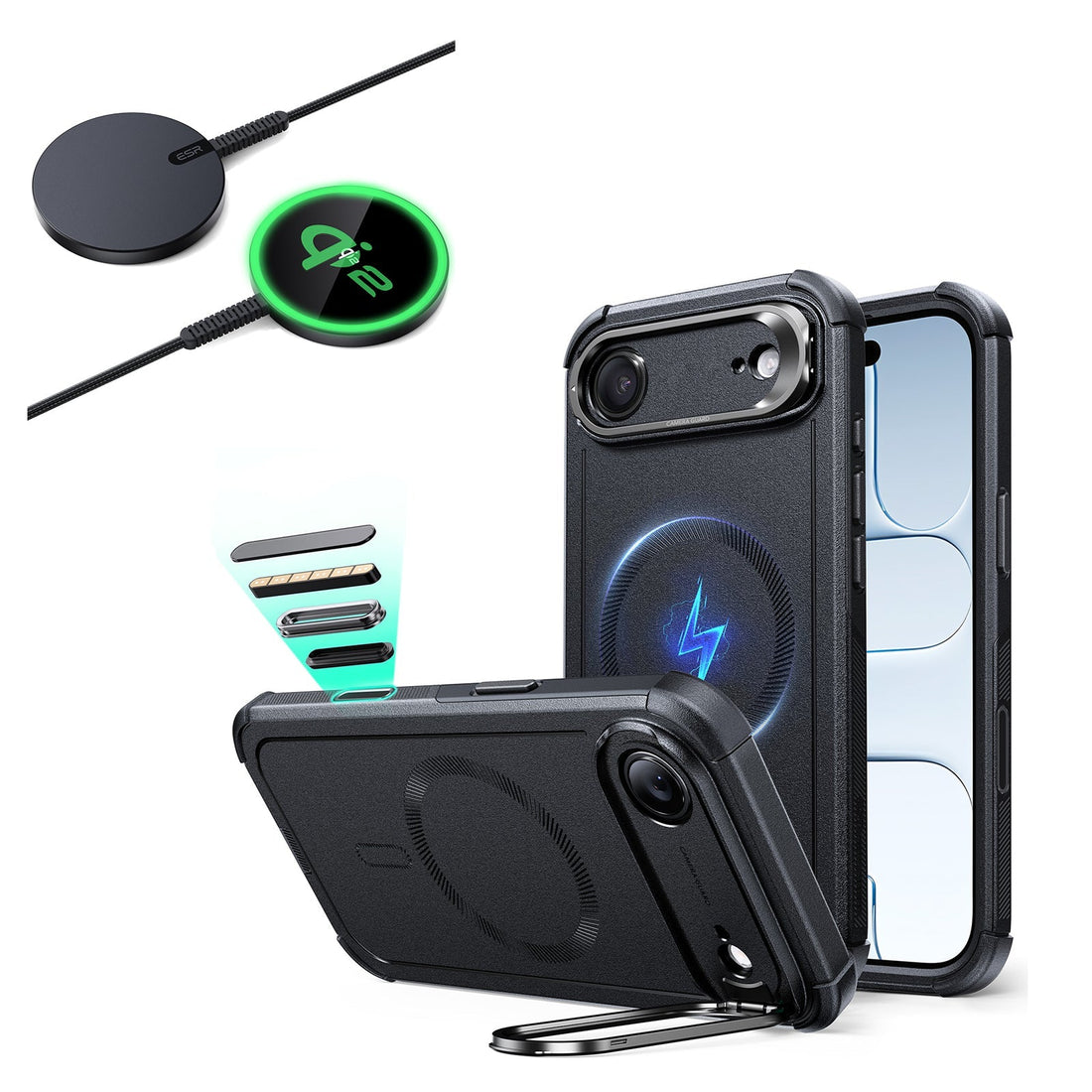 black esr-iphone-17-air-magsafe-case-clear-stash-stand and Qi2 fast wireless Charger 