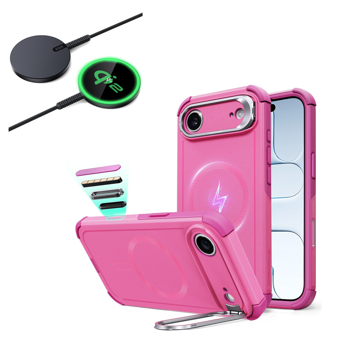 iPhone Air Cyber Tough Magsfae Case with Stand and Qi2 wireless Charger Pink