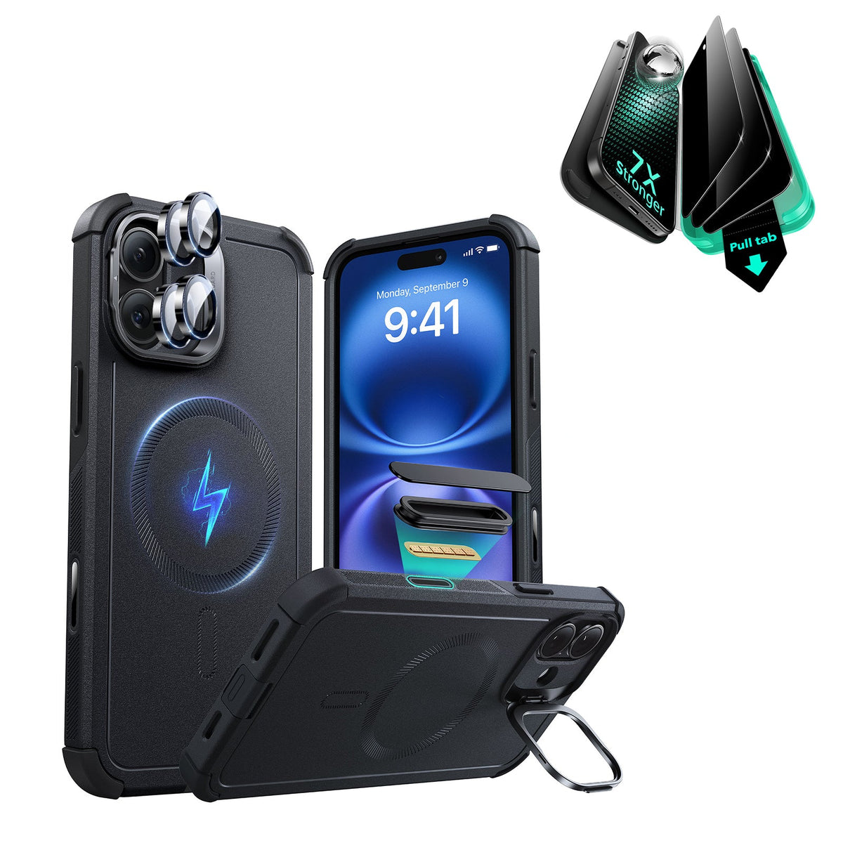 iPhone 16 Cyber Tough Magnetic Case Privacy Protection Bundle (Camera Control, Stash Stand) - Black ESR ESR