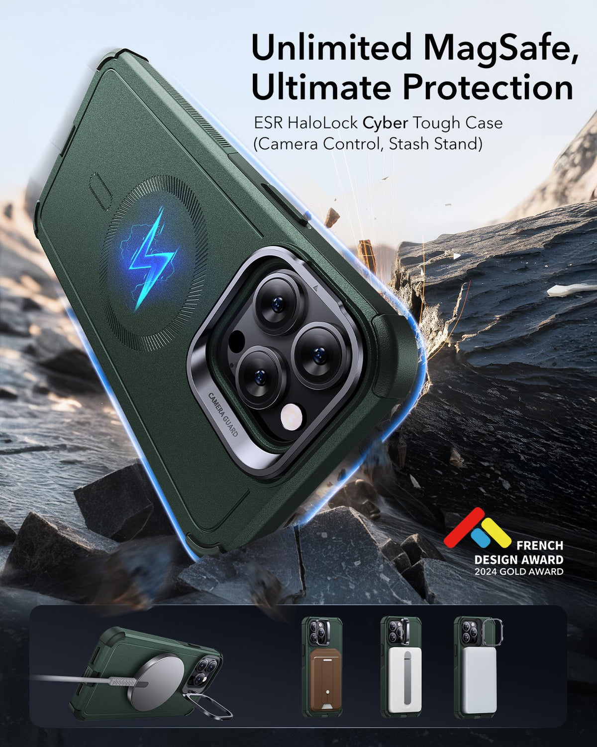 iPhone 13 Pro Cyber Tough Magnetic Case (Stash Stand) - Green ESR ESR