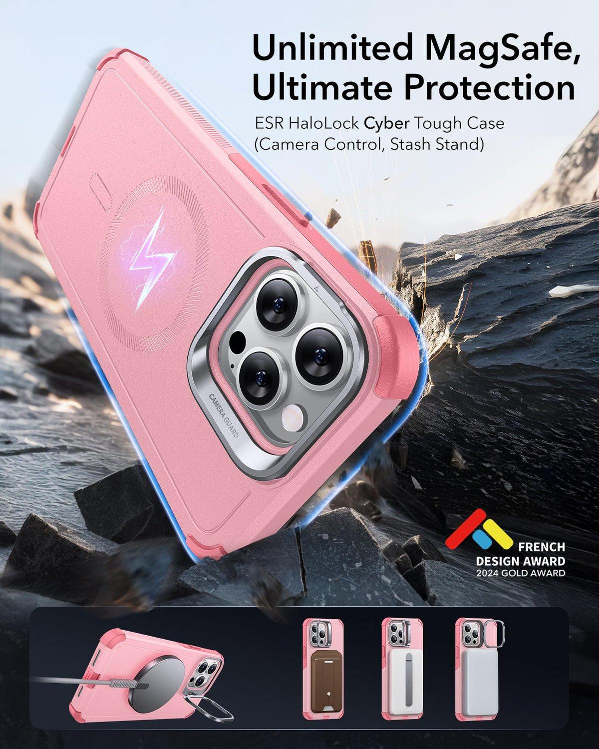 iPhone 13 Pro Max Cyber Tough Magnetic Case (Stash Stand) - Pink ESR ESR