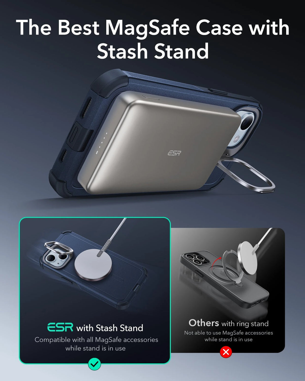 iPhone 15 Cyber Tough Case with Stash Stand (HaloLock) - Dark Blue ESR ESR
