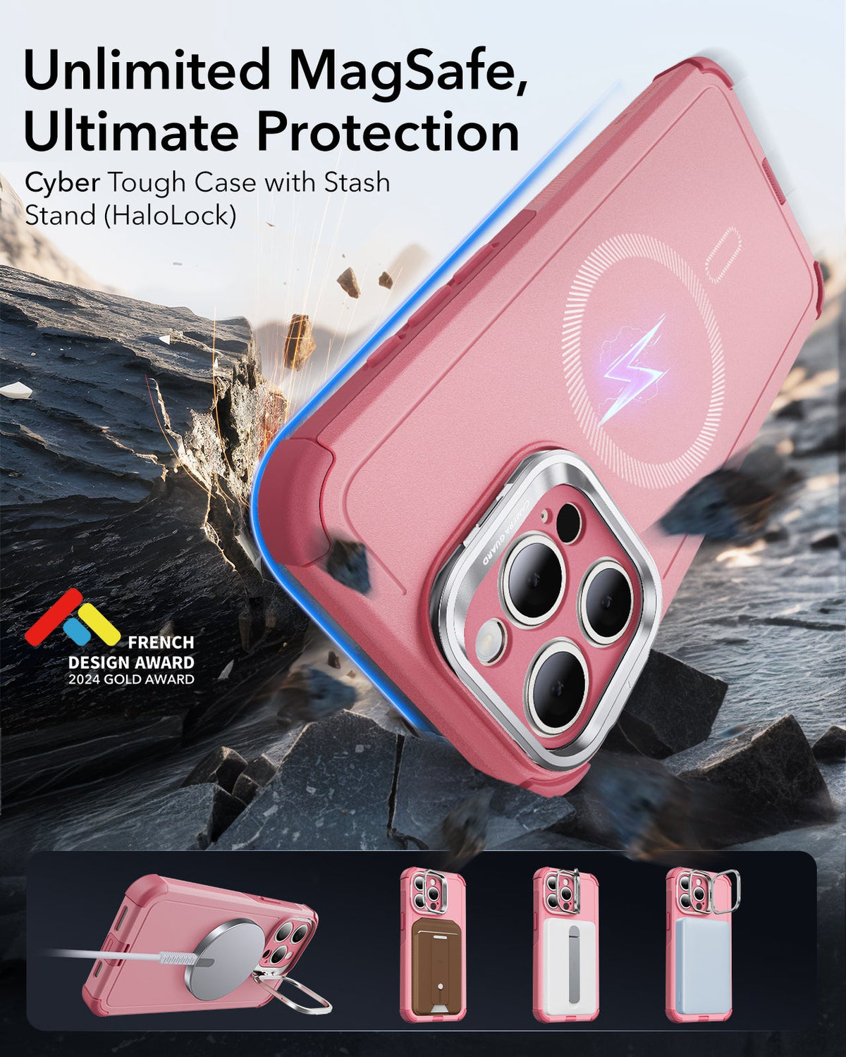 iPhone 15 Pro Max Cyber Tough Case with Stash Stand (HaloLock) - Pink ESR ESR