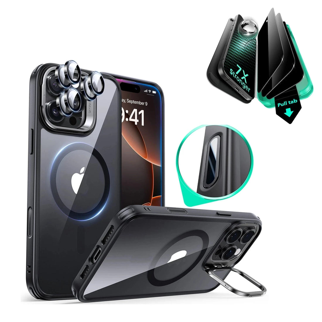 iPhone 16 Pro Classic Hybrid Magnetic Case (Camera Control, Stash Stand) & Privacy Screen Protector Bundle - Clear Black ESR ESR