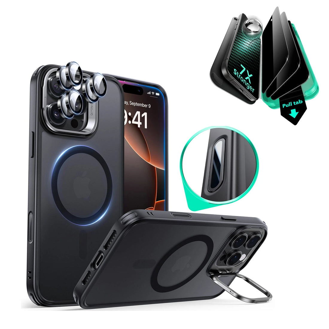 iPhone 16 Pro Classic Hybrid Magnetic Case (Camera Control, Stash Stand) & Privacy Screen Protector Bundle - Frosted Black ESR ESR