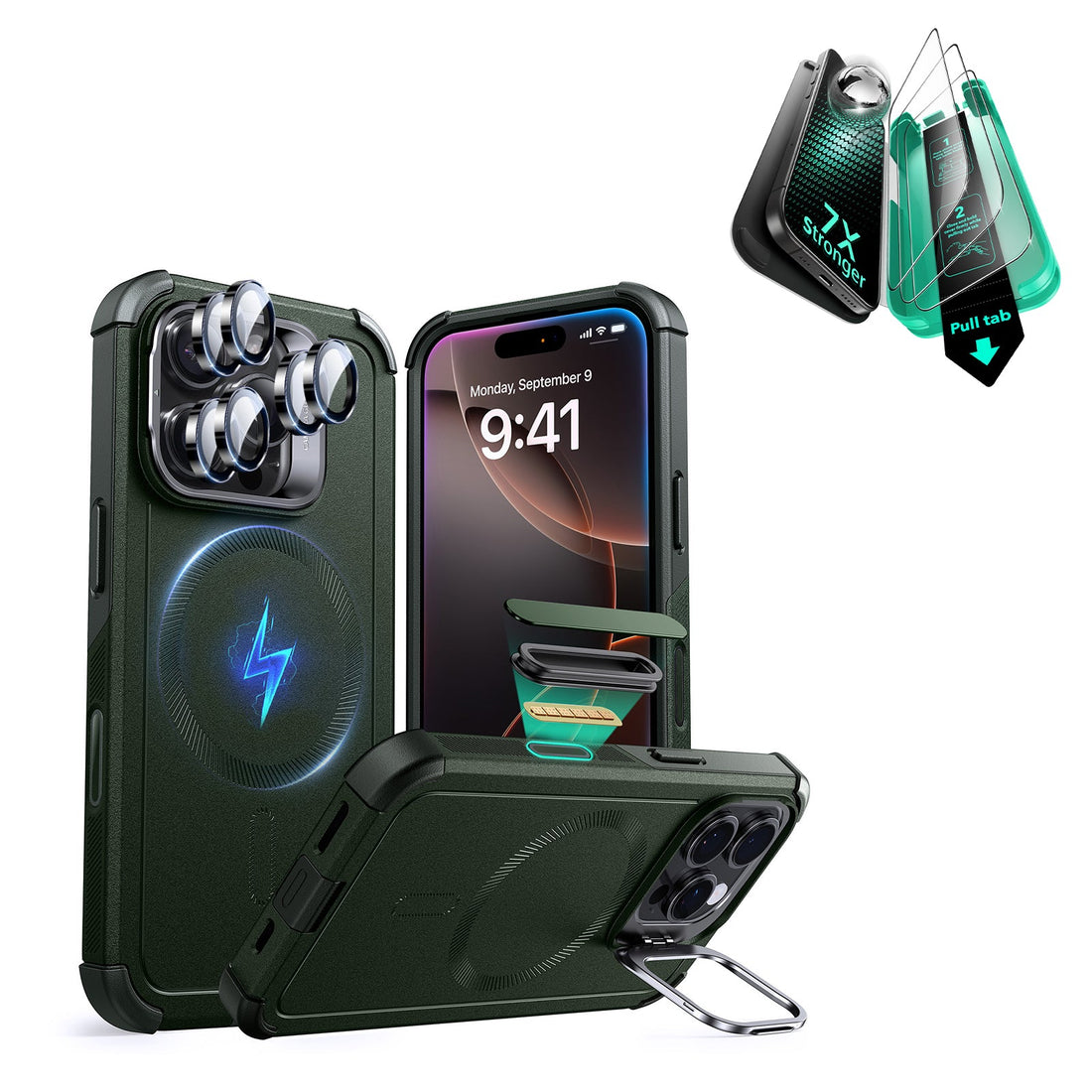 iPhone 16 Pro Cyber Tough Magnetic Case Protection Bundle (Camera Control, Stash Stand) - Army Green ESR ESR