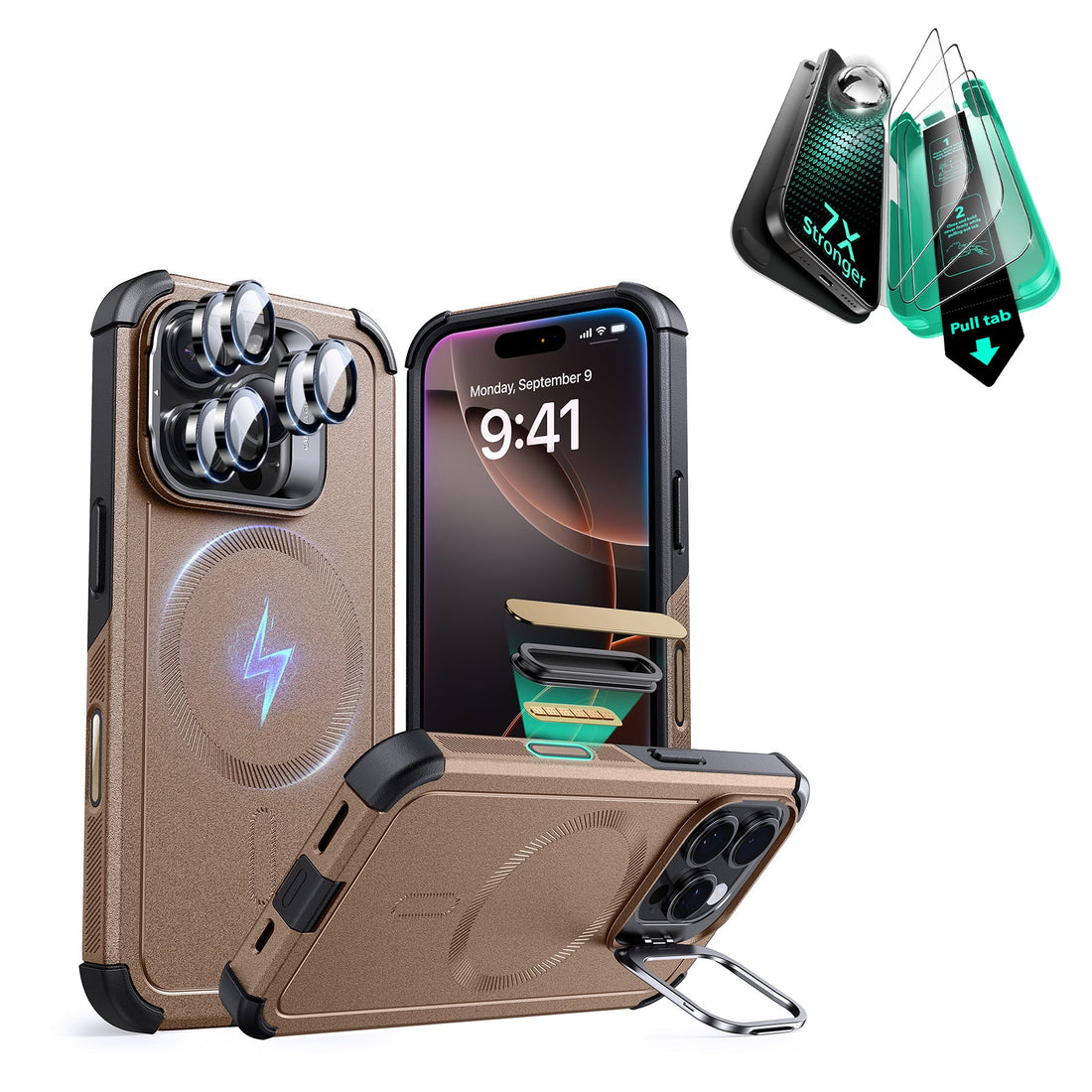 iPhone 16 Pro Cyber Tough Magnetic Case Protection Bundle (Camera Control, Stash Stand) - Desert Titanium ESR ESR
